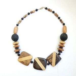 Wood Bead Necklace Brown Black Boho Tribal Earthy Inlaid Statement